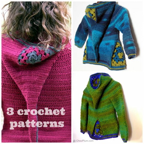 3 crochet patterns for matching cardis with hood by Sylvie Damey chezplum.com